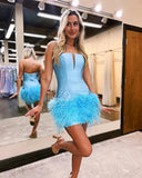 Fashion Sky Blue Beaded Feather Design Bodycon Strapless Homecoming Dress HZ1024