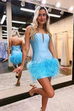 Fashion Sky Blue Beaded Feather Design Bodycon Strapless Homecoming Dress HZ1024