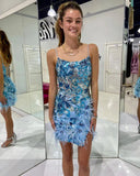 Fashion Blue Sequined Design Elegant Feather Bodycon Spaghetti Strap Homecoming Dress HZ1024