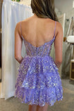 Charming Light Purple Lace Sequined Design A-line Mini Spaghetti Strap Tiered Homecoming Dress HZ1024