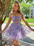 Chic Floral Ruffled Hem Design Tulle A-line Mini Strapless Homecoming Dress HZ1024