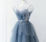 Gorgeous Blue Sparkly Tulle Beaded Prom Dress, Tiered Formal Gown With Rhinestone HZ1024