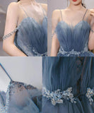 Gorgeous Blue Sparkly Tulle Beaded Prom Dress, Tiered Formal Gown With Rhinestone HZ1024