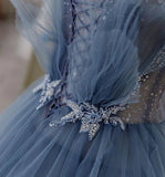 Gorgeous Blue Sparkly Tulle Beaded Prom Dress, Tiered Formal Gown With Rhinestone HZ1024