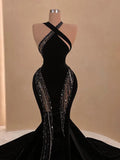 Sexy Black Halter Neck Long Mermaid Velvet Evening Dresses HZ1024