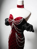 Wine Red Mermaid Velvet Beaded Long Formal Dress, Wine Red Prom Dress HZ1024