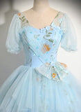 Light Blue Tulle Floor Length Prom Dress, Beautiful Short Sleeves Sweet 16 Dress HZ1024