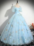 Light Blue Tulle Floor Length Prom Dress, Beautiful Short Sleeves Sweet 16 Dress HZ1024
