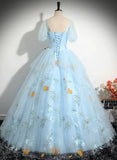 Light Blue Tulle Floor Length Prom Dress, Beautiful Short Sleeves Sweet 16 Dress HZ1024