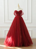 Wine Red Tulle Sweetheart Off Shoulder Prom Dress, Wine Red Tulle Evening Dress HZ1024