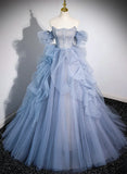 Blue Tulle Beaded Off Shoulder New Style Prom Dress, Blue Evening Dress Formal Dress HZ1024