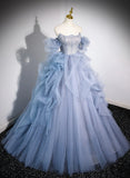 Blue Tulle Beaded Off Shoulder New Style Prom Dress, Blue Evening Dress Formal Dress HZ1024