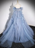 Blue Tulle Beaded Off Shoulder New Style Prom Dress, Blue Evening Dress Formal Dress HZ1024