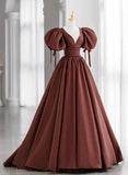 Brown Satin Short Sleeves Long Party Dress, A-line Satin Prom Dress HZ1024