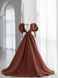 Brown Satin Short Sleeves Long Party Dress, A-line Satin Prom Dress HZ1024