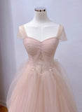 Pink Tulle Short Sleeves A-line Long Evening Dress, Pink Tulle Prom Dress HZ1024