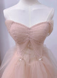 Pink Tulle Short Sleeves A-line Long Evening Dress, Pink Tulle Prom Dress HZ1024