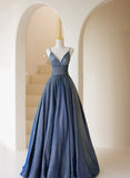 A-line Blue Straps V-neckline Long Prom Dress, Blue A-line Evening Dress HZ1024
