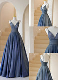 A-line Blue Straps V-neckline Long Prom Dress, Blue A-line Evening Dress HZ1024