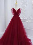 Red Off Shoulder Tulle A-line Formal Dress, Red Tulle Long Evening Dress Prom Dress HZ1024