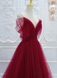 Red Off Shoulder Tulle A-line Formal Dress, Red Tulle Long Evening Dress Prom Dress HZ1024