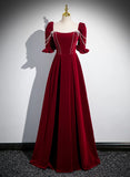 Wine Red A-line Velvet Long Bridesmaid Dress, Wine Red Long Prom Dress HZ1024