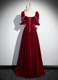 Wine Red A-line Velvet Long Bridesmaid Dress, Wine Red Long Prom Dress HZ1024