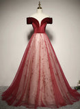 Red Off Shoulder Tulle A-line Long Formal Dress, Red Tulle Prom Dress HZ1024