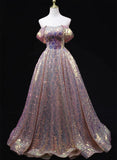 A-line Off Shoulder Sequins Long Prom Dress Party Dress, Sequins Evening Dress HZ1024