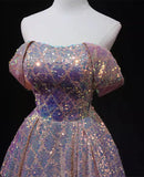 A-line Off Shoulder Sequins Long Prom Dress Party Dress, Sequins Evening Dress HZ1024