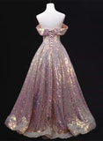 A-line Off Shoulder Sequins Long Prom Dress Party Dress, Sequins Evening Dress HZ1024