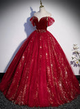 Wine Red Ball Gown Tulle Sweetheart Prom Dress, Wine Red Tulle Sweet 16 Dress HZ1024