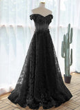 A-line Black Off Shoulder Long Lace Party Dress, Off Shoulder Prom Dress HZ1024