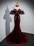 Off Shoulder Wine Red Mermaid Long Party Dress, Wine Red Velvet Prom Dress HZ1024