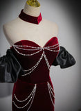 Off Shoulder Wine Red Mermaid Long Party Dress, Wine Red Velvet Prom Dress HZ1024