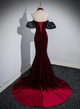 Off Shoulder Wine Red Mermaid Long Party Dress, Wine Red Velvet Prom Dress HZ1024