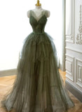 Green Tulle Beaded Straps Long Evening Dress, Green Tulle Prom Dress Party Dress HZ1024