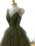 Green Tulle Beaded Straps Long Evening Dress, Green Tulle Prom Dress Party Dress HZ1024