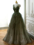 Green Tulle Beaded Straps Long Evening Dress, Green Tulle Prom Dress Party Dress HZ1024