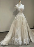 Tulle Long Neckline Tulle With Lace Applique Wedding Party Dress, Tulle Wedding Dress HZ1024
