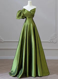 Green One-Shoulder Short Sleeves Backless Sweep Train Prom Dress, Green Party Dress HZ1024