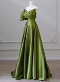 Green One-Shoulder Short Sleeves Backless Sweep Train Prom Dress, Green Party Dress HZ1024