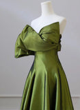 Green One-Shoulder Short Sleeves Backless Sweep Train Prom Dress, Green Party Dress HZ1024