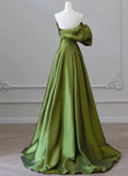 Green One-Shoulder Short Sleeves Backless Sweep Train Prom Dress, Green Party Dress HZ1024