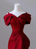 Wine Red Satin Off Shoulder Long Evening Dress, Wine Red Formal Dress Prom Dress HZ1024