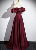 Wine Red Satin A-line Simple Off Shoulder Prom Dress, Wine Red Evening Dress HZ1024