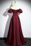 Wine Red Satin A-line Simple Off Shoulder Prom Dress, Wine Red Evening Dress HZ1024