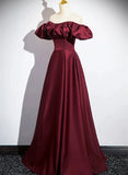Wine Red Satin A-line Simple Off Shoulder Prom Dress, Wine Red Evening Dress HZ1024