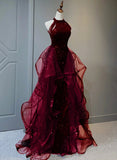 A-line Sequins with Tulle Wine Red Long Party Dress, Wine Red Halter Prom Dress HZ1024