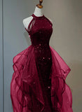A-line Sequins with Tulle Wine Red Long Party Dress, Wine Red Halter Prom Dress HZ1024